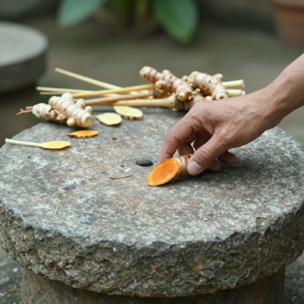 A halved turmeric finger showing orange interior veins with dried ginger and fingerroot pieces behind it in warm light