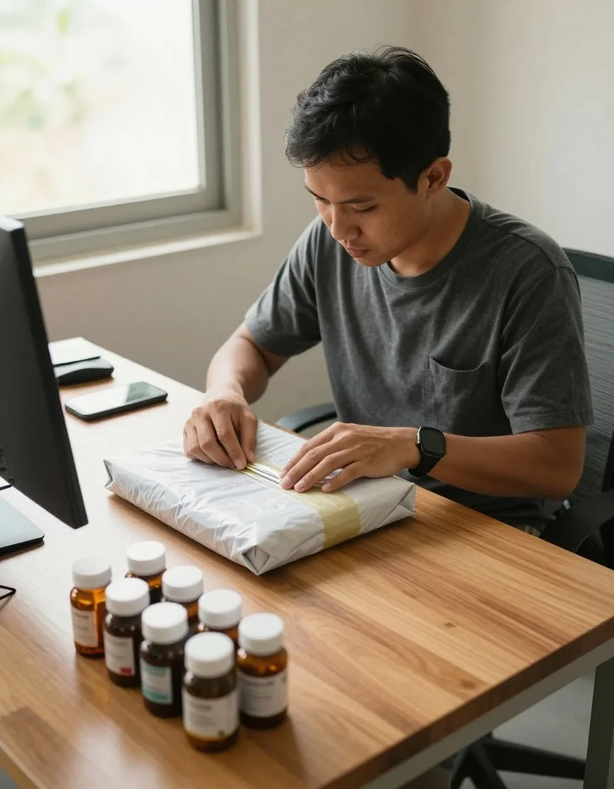 A man in his forties sealing a plain parcel at a wooden workbench with a phone and a short row of amber bottles beside him in warm window light
