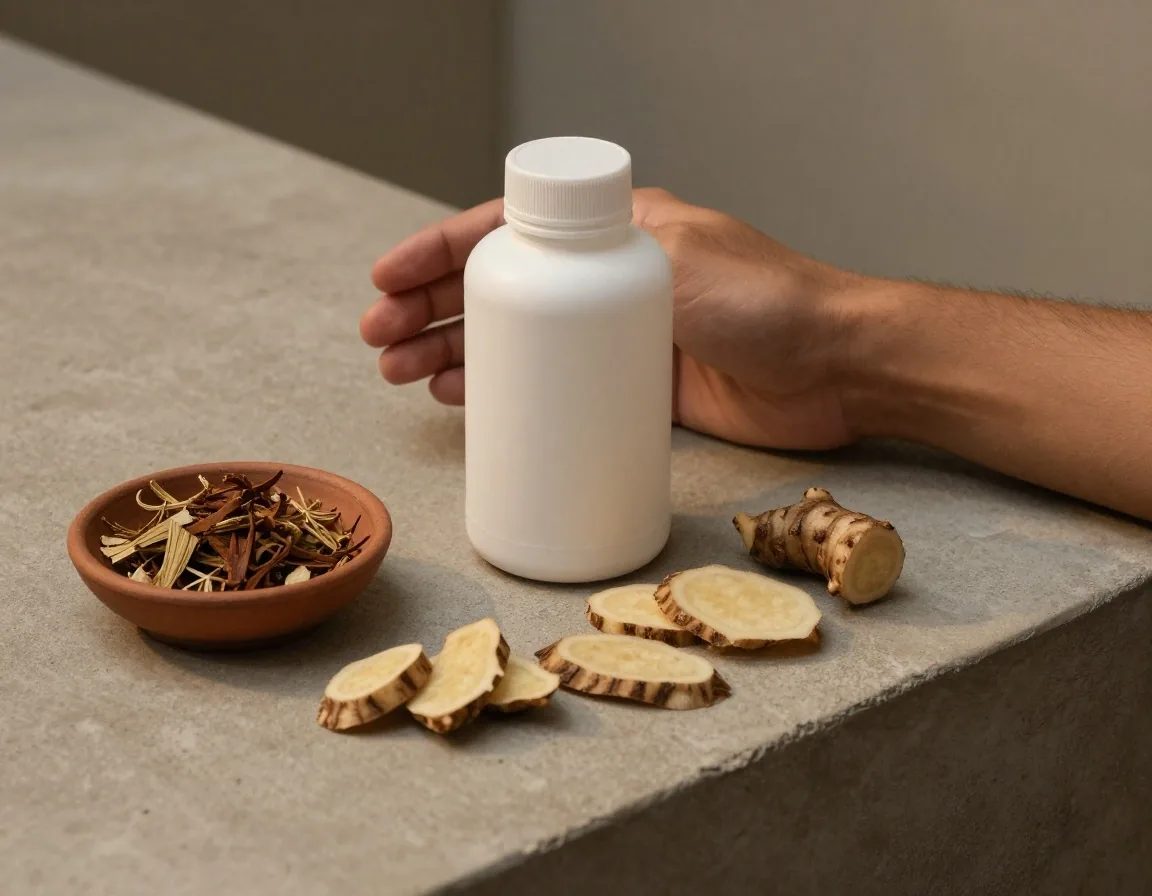 A matte-white supplement bottle on a grey slab with a hand resting beside it and root slices and peppercorns arranged to the left under warm side light