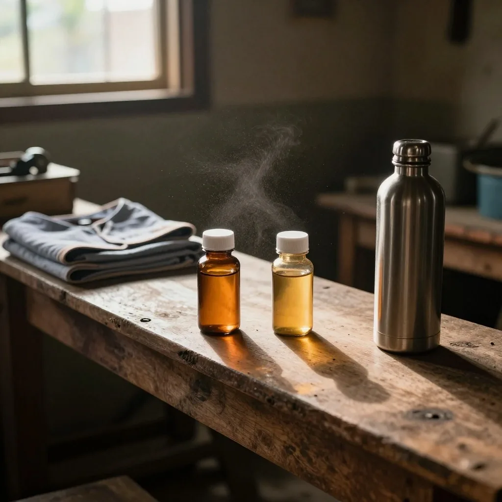 Two amber glass bottles beside a folded work shirt and a water flask on a concrete slab in strong side light