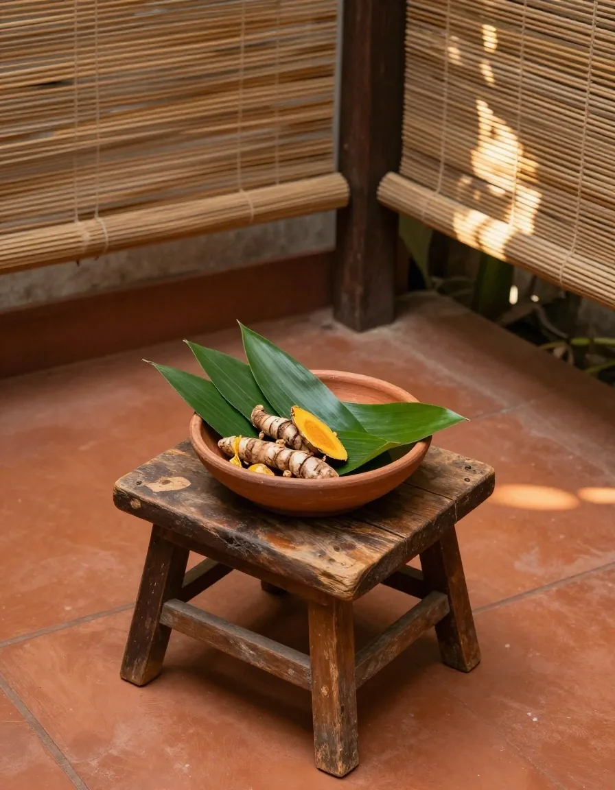 Pandan leaf and dried turmeric slices laid in a row on a grey slab under warm side light
