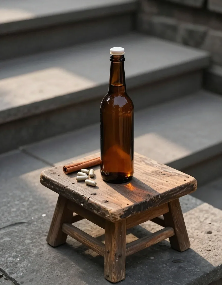 Sealed brown glass bottle with loose capsules and a piece of cinnamon bark on a grey slab in warm side light