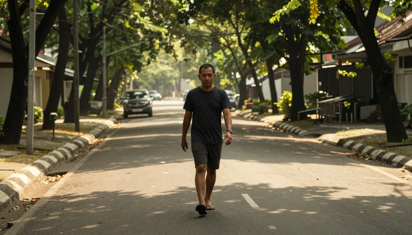 A man in his forties walking briskly on a tree-lined Surabaya street in early morning light, long shadows across the pavement