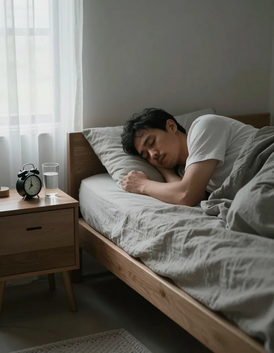 A man asleep in a plain bedroom at dawn, soft grey light through thin curtains, a glass of water on the bedside table