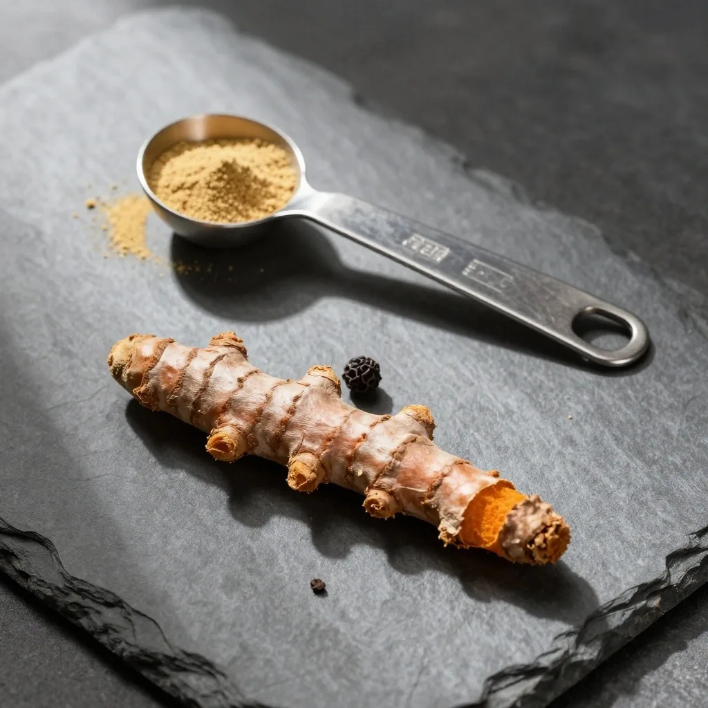 A dried turmeric cross-section and a black peppercorn side by side on a grey slab with a measuring spoon of powder behind