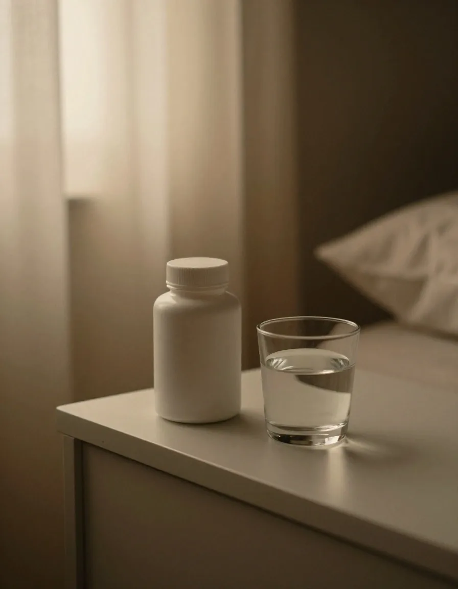 A white supplement bottle with amber capsules spilled on matte concrete, warm side light