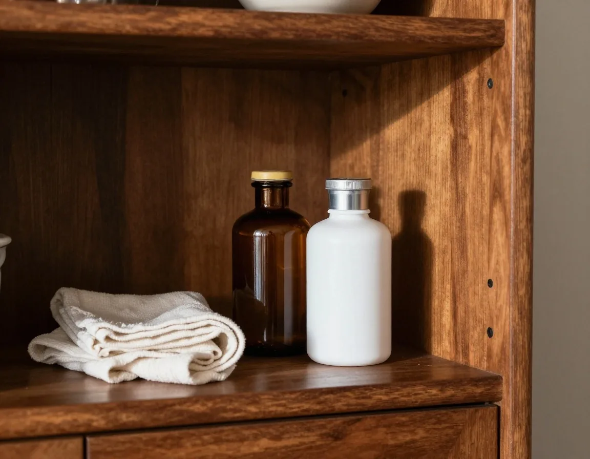 Closed supplement bottles stored inside a dark wooden kitchen cupboard with light from the left edge