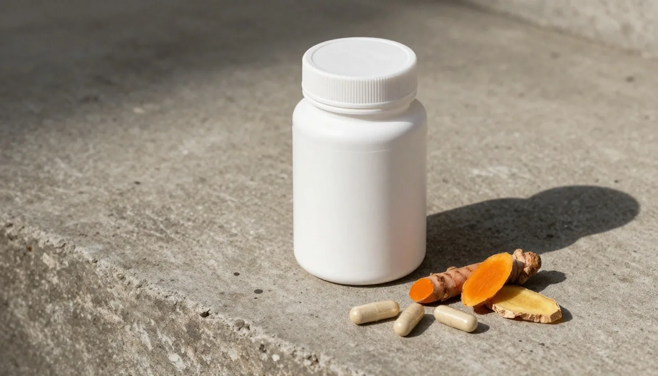Matte-white supplement bottle on concrete with three capsules, a turmeric finger and a dried ginger slice beside it