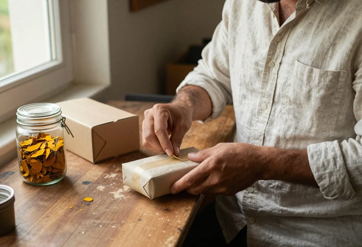 A man sealing a small parcel on a wooden workbench beside a jar of dried turmeric in afternoon light