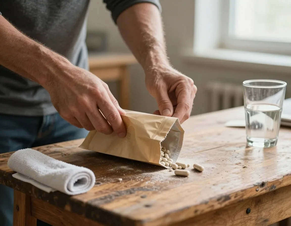 Hand emptying a paper supplement pouch onto a wooden workbench beside a glass of water